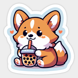 cute corgi with a big fan of boba Sticker